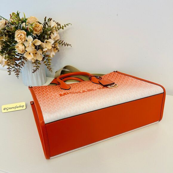 Michael Kors Purse Mirella Medium Ombré Logo Tote Bag Red Clay - Picture 5 of 8